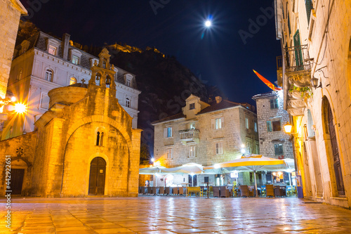 View of the Church of St. Luke in the Old Town of Kotor at night. Montenegro 