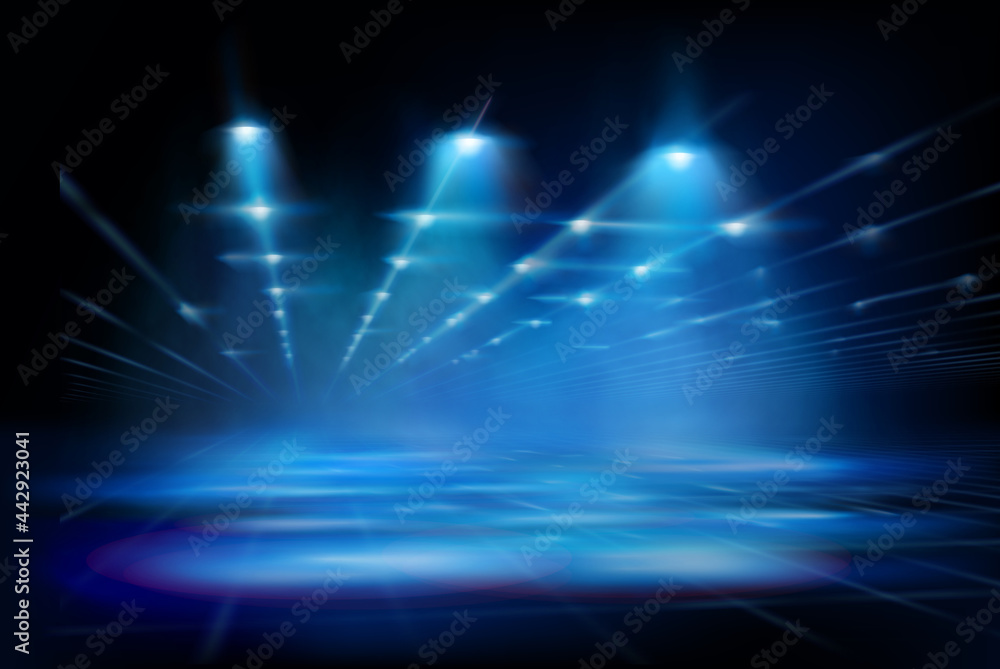 Illuminated big hall. Dark corridor with brightly lit lamps. Lighting effects, show. Blue background. Vector illustration.