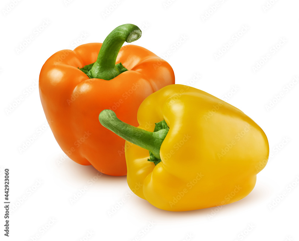 Orange and yellow sweet bell peppers isolated on white background Orange and yellow sweet bell peppers isolated on white background