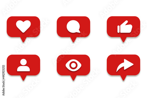Social media notification icons in speech bubbles like love comment share follower seen icon