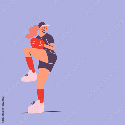 Baseball softball girls players in different poses characters. Young cheerful sports woman playing baseball. Flat design style minimal vector illustration