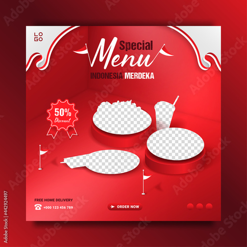 Indonesia's independence day special food menu promotion banner template, isometric style.