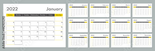 2022 calendar template. Corporate and busines planner diary. Week starts on Sunday. Set of 12 months 2022 pages.