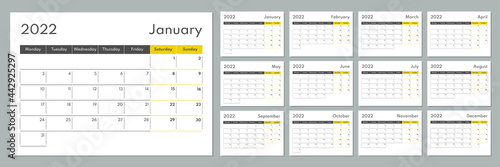 2022 calendar template. Corporate and busines planner diary. Week starts on Monday. Set of 12 months 2022 pages. photo