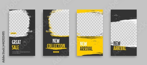 Set of Editable minimal square banner template. Blue yellow white background color with geometric shapes for social media post, story and web internet ads. Vector illustration photo