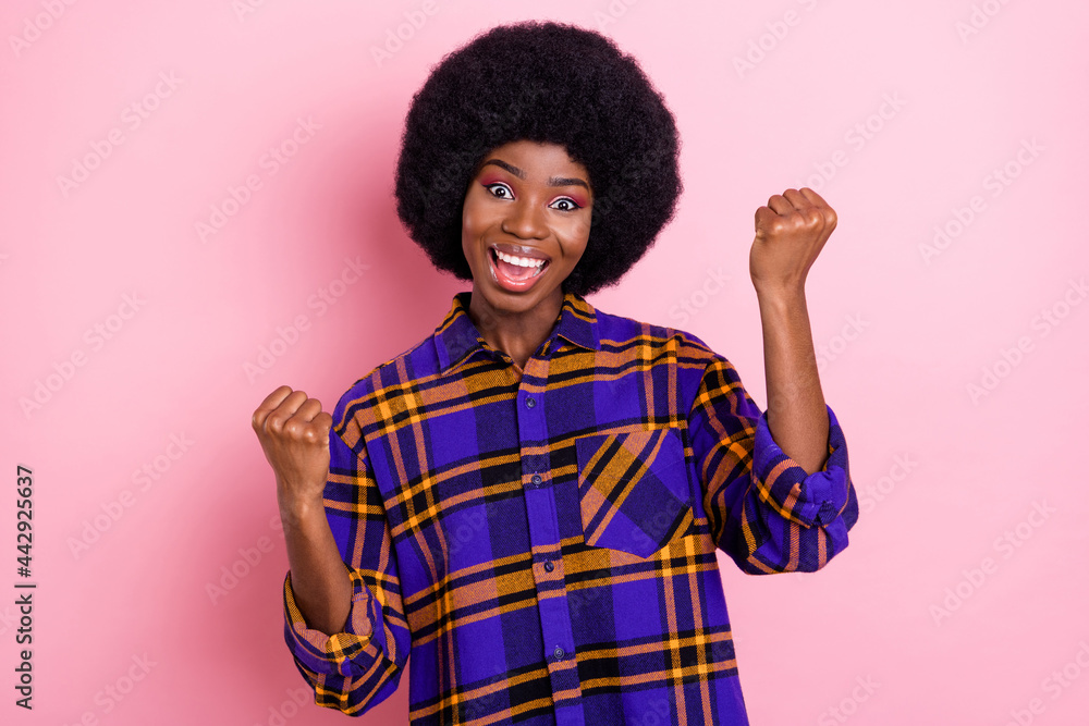 Portrait of attractive cheerful girl rejoicing having fun attainment isolated over pink pastel color background Portrait of attractive cheerful girl rejoicing having fun attainment isolated over pink pastel color background