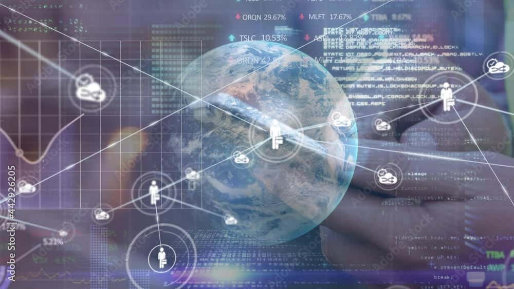 Stock market data processing over globe against mid section of person using smartphone Stock market data processing over globe against mid section of person using smartphone
