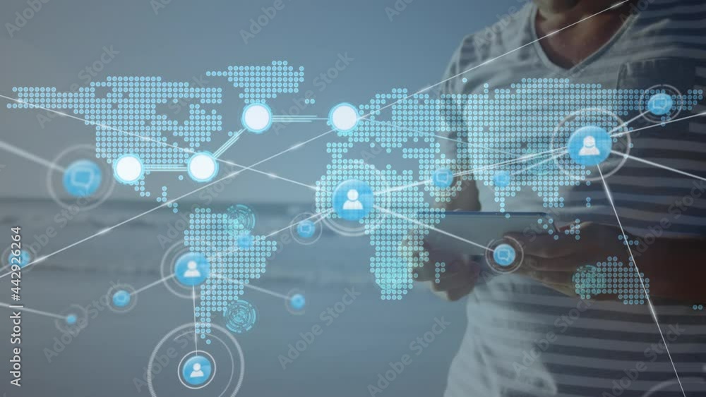 Network of profile icons over world map against caucasian man using smartphone at the beach Network of profile icons over world map against caucasian man using smartphone at the beach