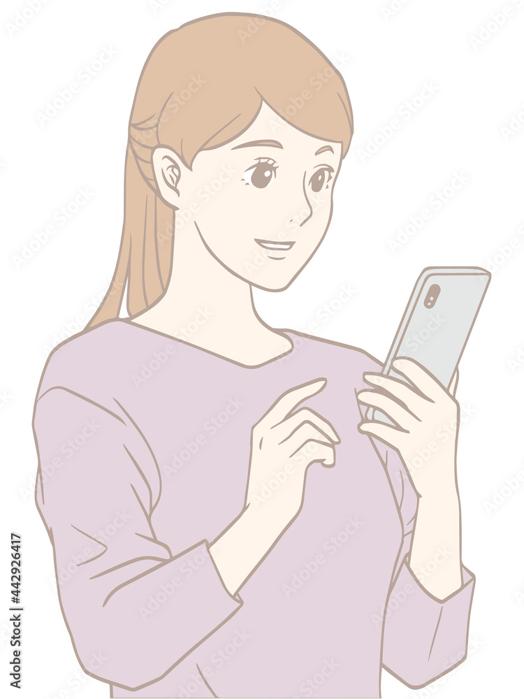 スマホを見る女性(パステルカラー) スマホを見る女性(パステルカラー)