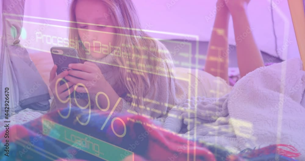 Animation of data processing on screen over woman using smartphone Animation of data processing on screen over woman using smartphone
