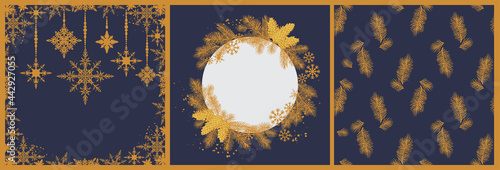 Gold Christmas frame, pattern from branches of a Christmas tree, cones, snowflakes, the emblem in gold.