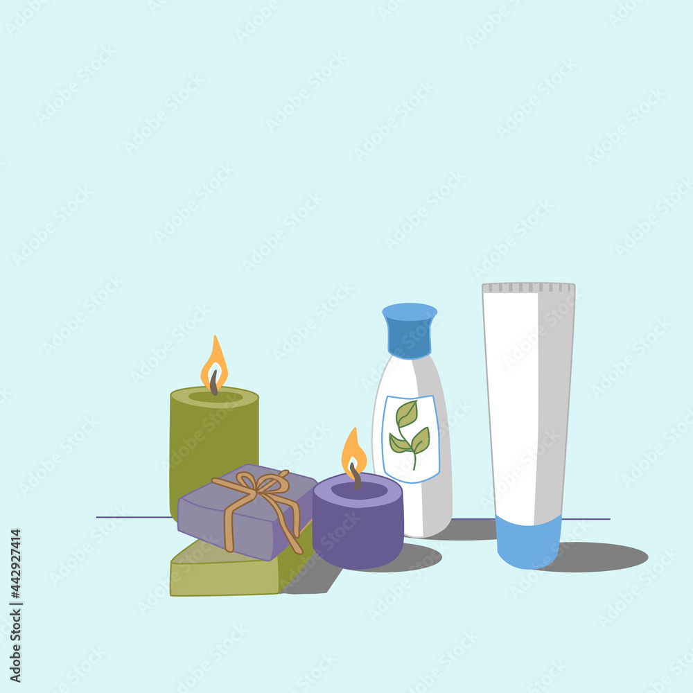 A set of spa accessories and bath accessories. Cosmetics, gel, soap, scented candles. Vector illustration on a light background. A set of spa accessories and bath accessories. Cosmetics, gel, soap, scented candles. Vector illustration on a light background.