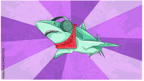 Pop art shark listenning to hip hop in her headphones, wearing bandana. Comics cartoon style can be good for your music video, album or single cover, presentation, advertisment or tattoo.