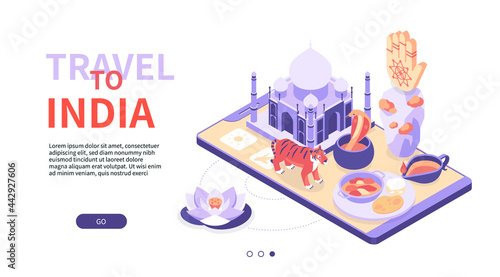 Travel to India - modern colorful isometric web banner