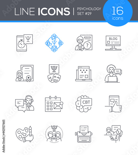 Psychology and types of therapy - line design style icons set