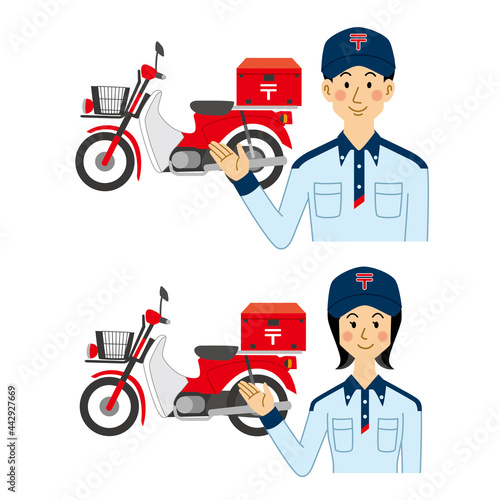 配達バイクと郵便局員の男女