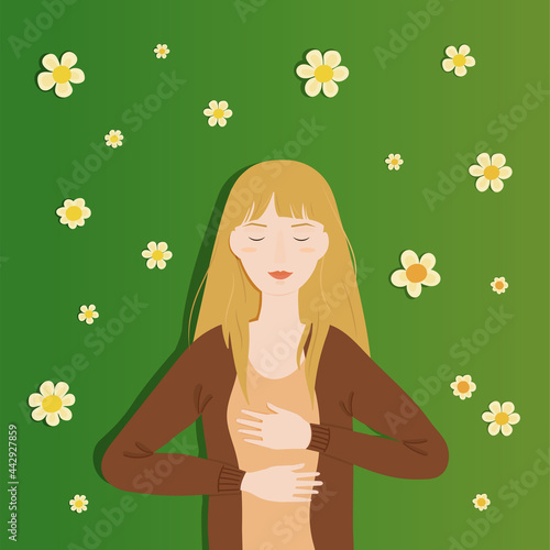 Vector illustration of an adult white woman lying on grass and chamomiles with her eyes closed. Concept of enjoying nature, self-care, ecology.