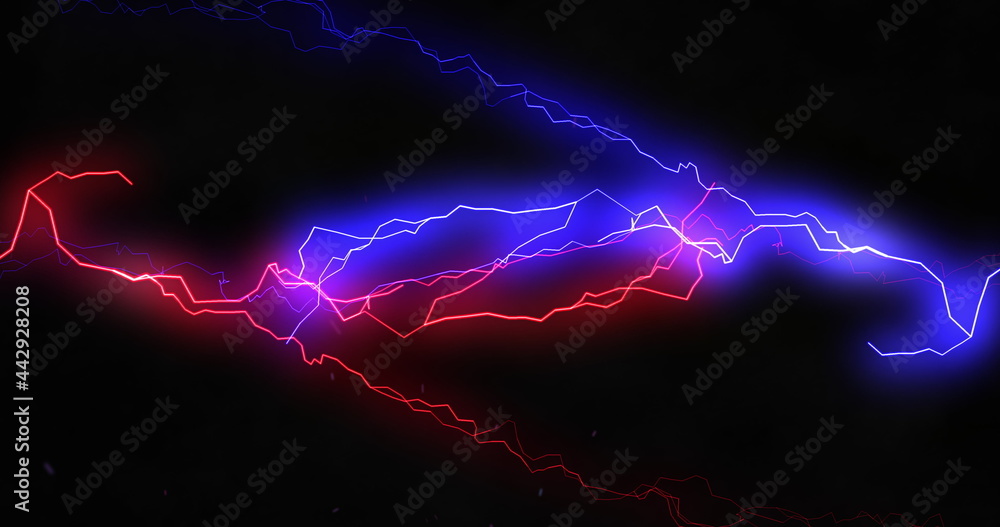 Red and blue lightning bolts of electrical current moving wildly across black background Red and blue lightning bolts of electrical current moving wildly across black background