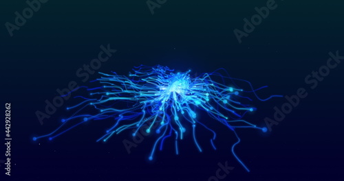 Glowing blue tentacles of electric current moving from central point of light on a black background