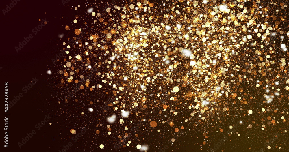 Sparkling golden particles floating upwards on a dark background