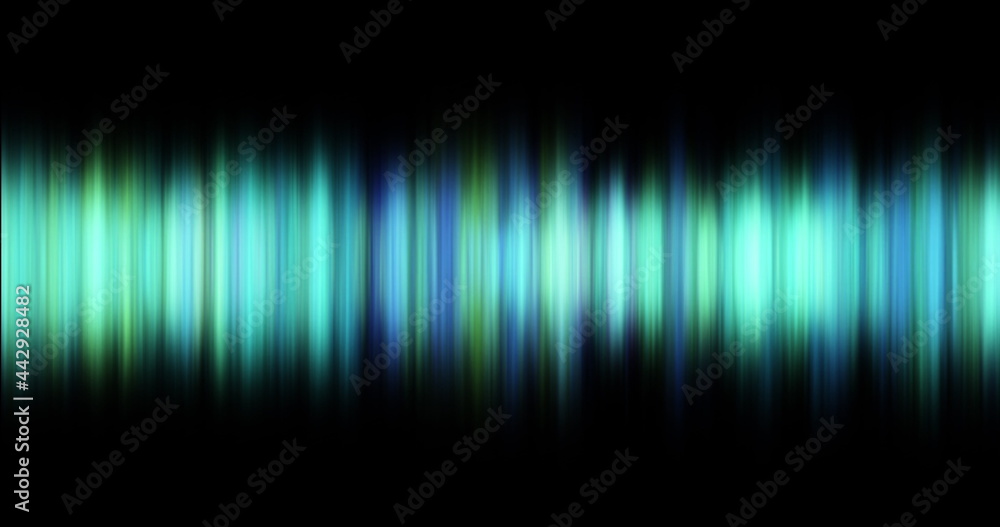 Defocussed lines of green and blue tones glowing and pulsating on black background