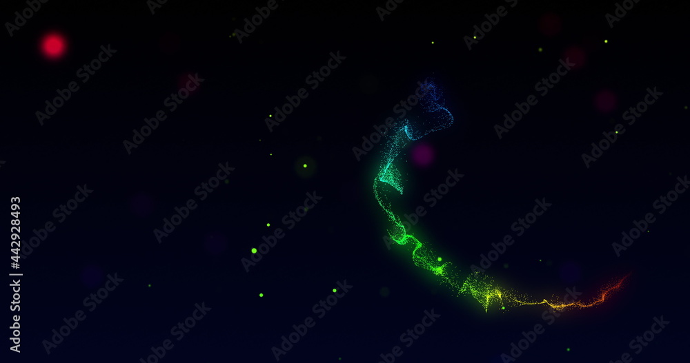 Twisting light trail of glowing red and blue moving rapidly across a