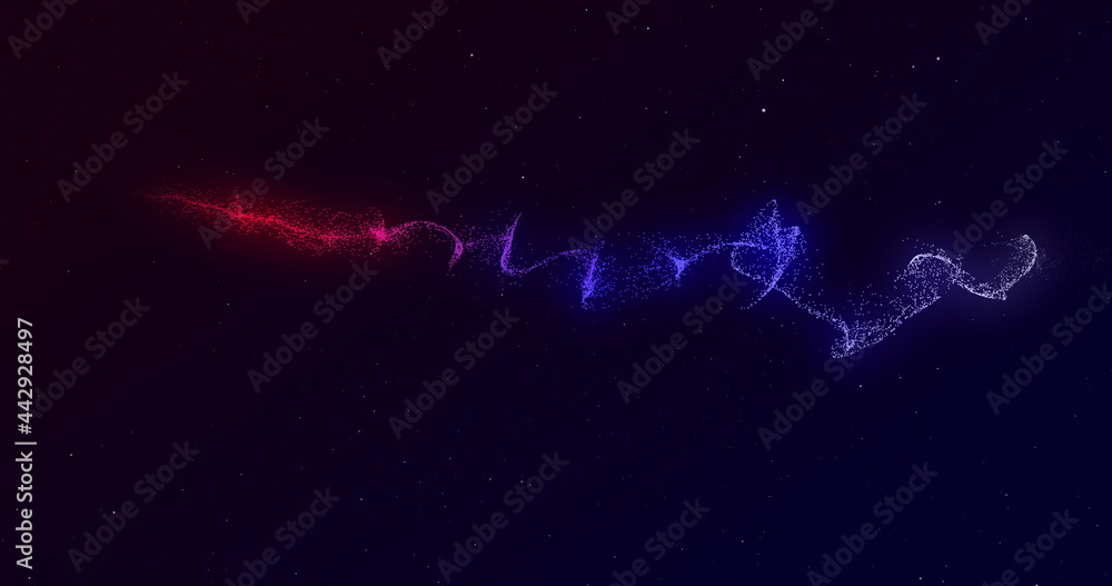 Twisting light trail of glowing red and blue moving rapidly across a black background