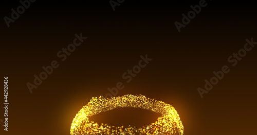 A mass of golden glowing particles effervescing on black background