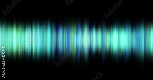 Defocussed lines of green and blue tones glowing and pulsating on black background