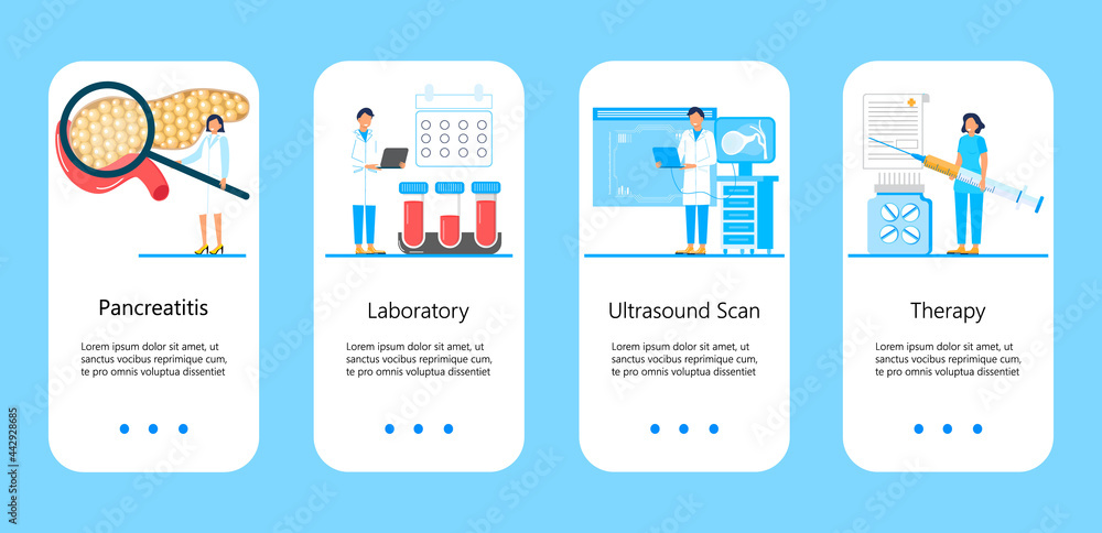 Pancreatitis concept vector. Pancreas doctors examine. Tiny therapist looks through a magnifying glass at internal organ. Health care concept for landing page, website, app, banner. Pancreatitis concept vector. Pancreas doctors examine. Tiny therapist looks through a magnifying glass at internal organ. Health care concept for landing page, website, app, banner.