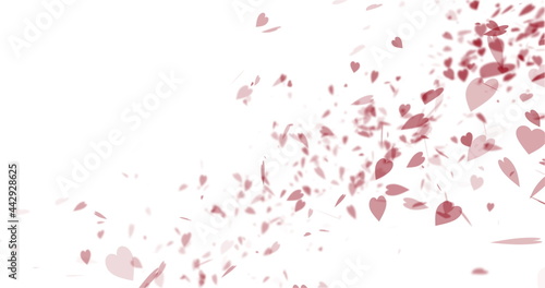 Lots of small pink hearts falling across a white background