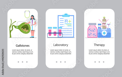 Gallbladder concept app vector. Doctors treat gallstones. Biliary dyskinesia ptoblems