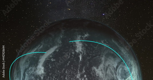 Turning globe with changing blue arcs connecting locations against dark cosmos with stars