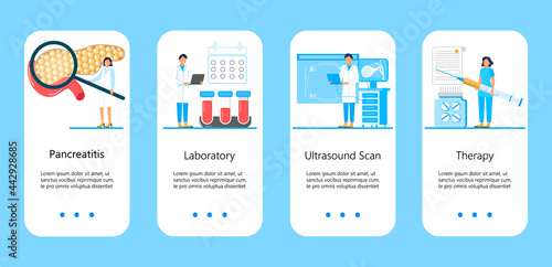 Pancreatitis concept vector. Pancreas doctors examine. Tiny therapist looks through a magnifying glass at internal organ. Health care concept for landing page, website, app, banner.