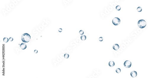 Image of multiple translucent blue bubbles floating across white background