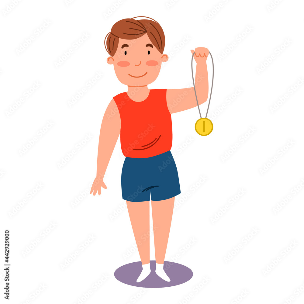 The winning boy with a medal in his hand. Childrenes sports victory. Vector illustration in a flat style, isolated on a white background The winning boy with a medal in his hand. Childrenes sports victory. Vector illustration in a flat style, isolated on a white background