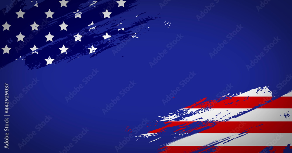 Naklejka premium Image of split in two corners American flag moving on blue background. 