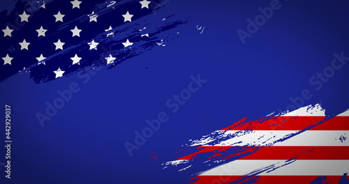 Image of split in two corners American flag moving on blue background. 