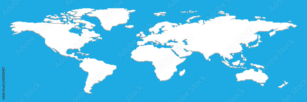 Isometric map of World. White land silhouette on blue background. 3D vector illustration