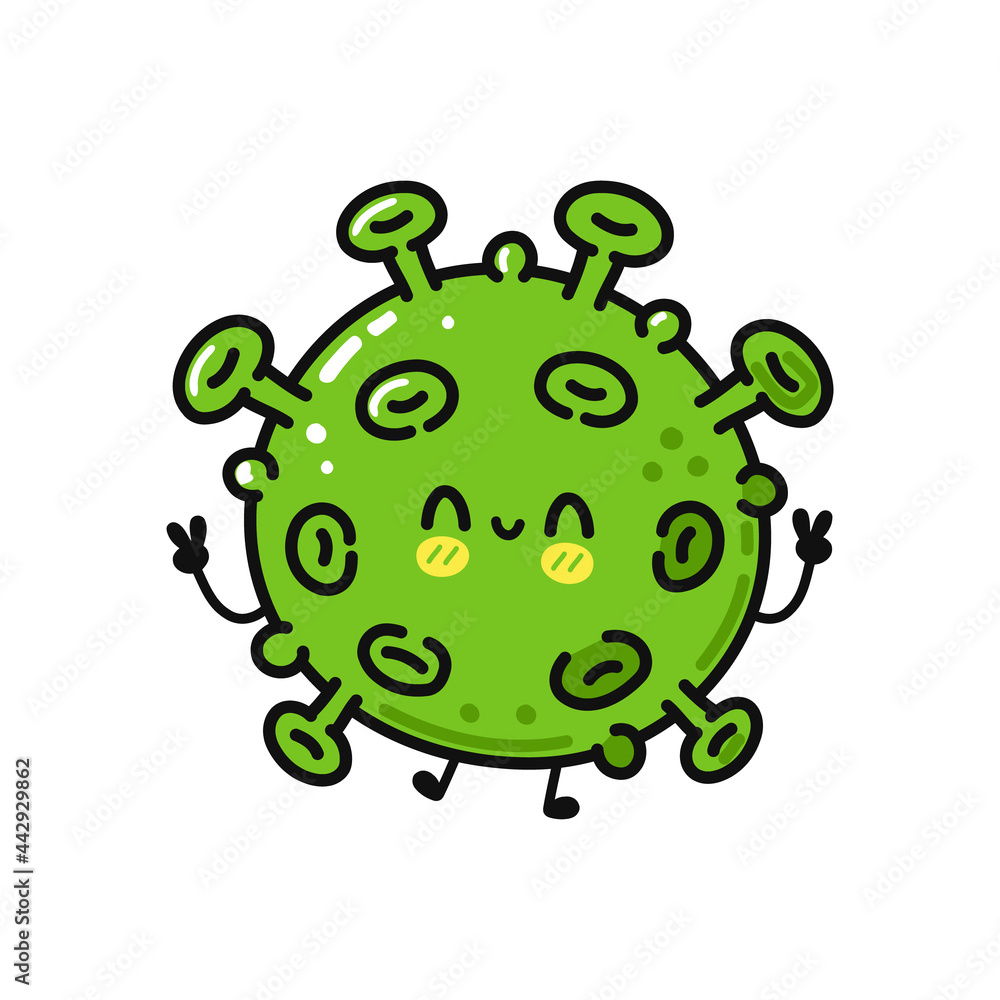Cute funny virus character. Vector hand drawn cartoon kawaii character illustration icon. Isolated on white background. Virus character concept Cute funny virus character. Vector hand drawn cartoon kawaii character illustration icon. Isolated on white background. Virus character concept