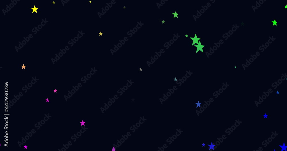 Image of glowing multi coloured stars twinkling and falling in hypnotic motion on black backgrou Image of glowing multi coloured stars twinkling and falling in hypnotic motion on black backgrou