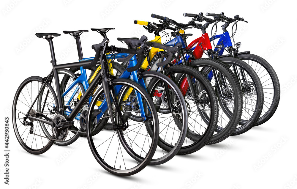 row of various modern bicycle and e bike isolated white background. racing  road cycle mountain bike online shop business concept. Stock Photo | Adobe  Stock