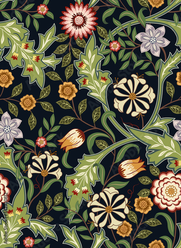 Floral seamless pattern with big flowers and foliage on dark background. Vect...