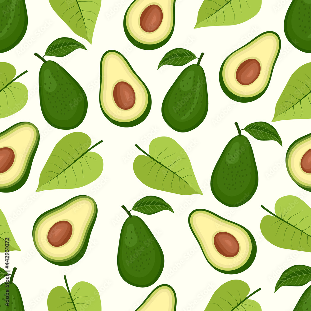 Seamless pattern of avocado fruits with tropical leaves and slices vector illustration Seamless pattern of avocado fruits with tropical leaves and slices vector illustration