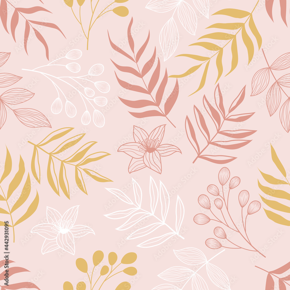 Seamless pattern of botanical floral tropical flowers and leaves line art sketch style vector illustration