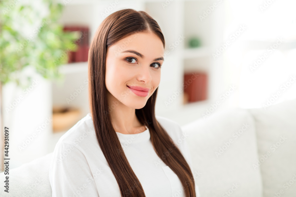 Profile side view portrait of attractive cheerful girl resting spending good day alone at light home house indoors flat Profile side view portrait of attractive cheerful girl resting spending good day alone at light home house indoors flat
