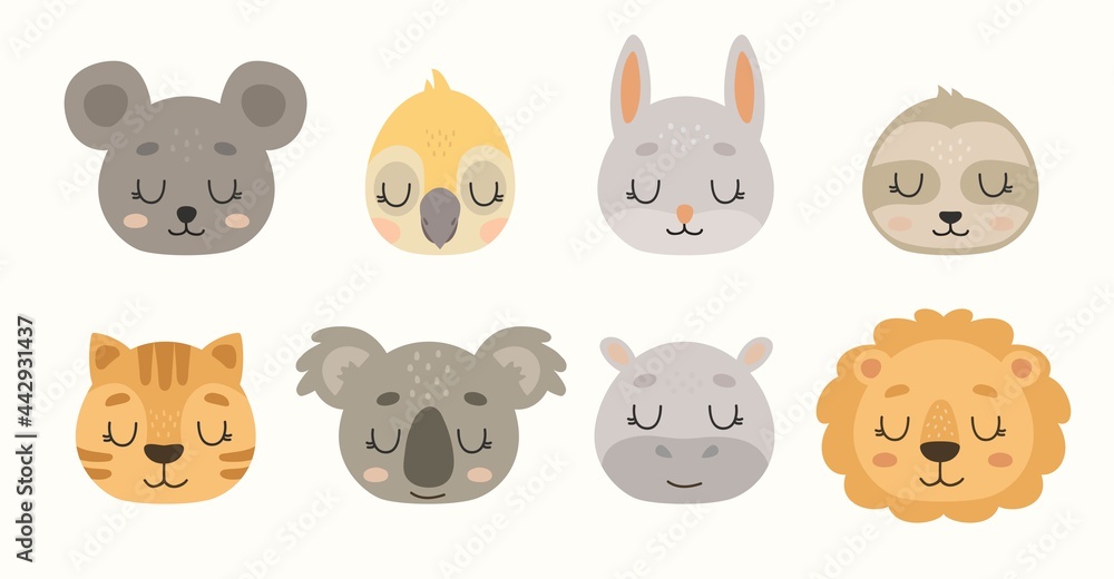 Obraz premium Cartoon avatar of the cute wild animal head collection. Childish characters portrait isolated on white background. Cartoon zoo. Lion, parrot, mouse, koala, sloth, rabbit, tiger, hippo