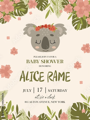 Bright, cute baby shower invitation template with koala and floral wreaths. Hand Drawn vector card. For children's cards.