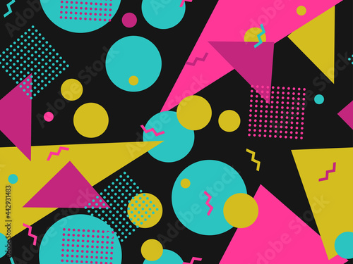 80s geometric seamless pattern with memphis elements. Trendy retro background for printing on paper, advertising materials and fabric. Vector illustration
