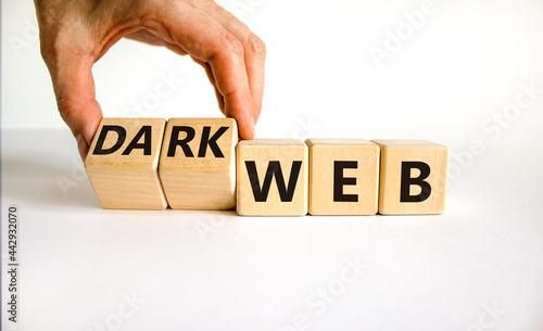 Dark web symbol. Businessman turns wooden cubes and changes the word web to dark web. Beautiful white background. Business, dark web concept. Copy space.